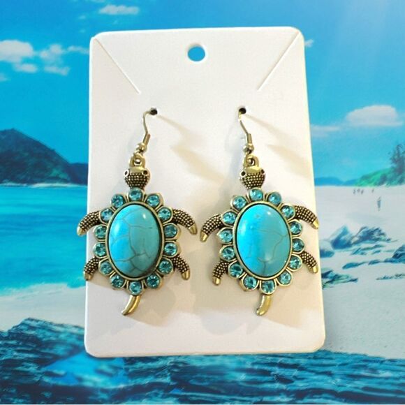 Boho Vintage Look Turquoise Turtle Earrings - Picture 1 of 2